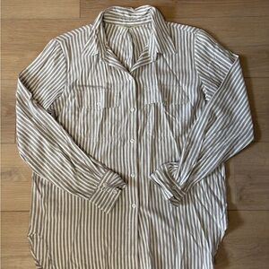 Max Studio Tan and White Striped Long-Sleeve Button-Up Shirt